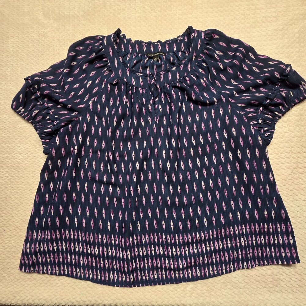 Zac & Rachel Women’s SZ 2X Navy Blue/ Purple Short Ruffle Sleeve Blouse